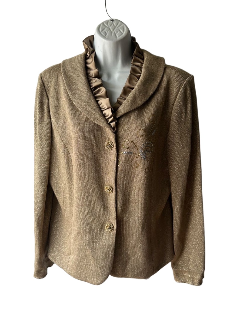 Donna Vinci Knits Gold Metallic Knit Jacket Ruffled Satin Collar Buttons